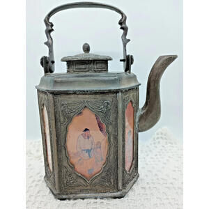 Antique Chinese Republic Era Teapot 6 Handpainted Églomisé Glass Panels